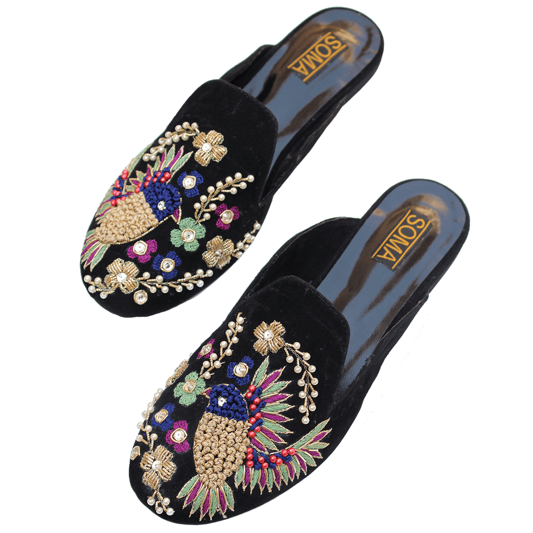 Soma - Tina Backless Black Bird Emboroidered Hand Crafted Footwear