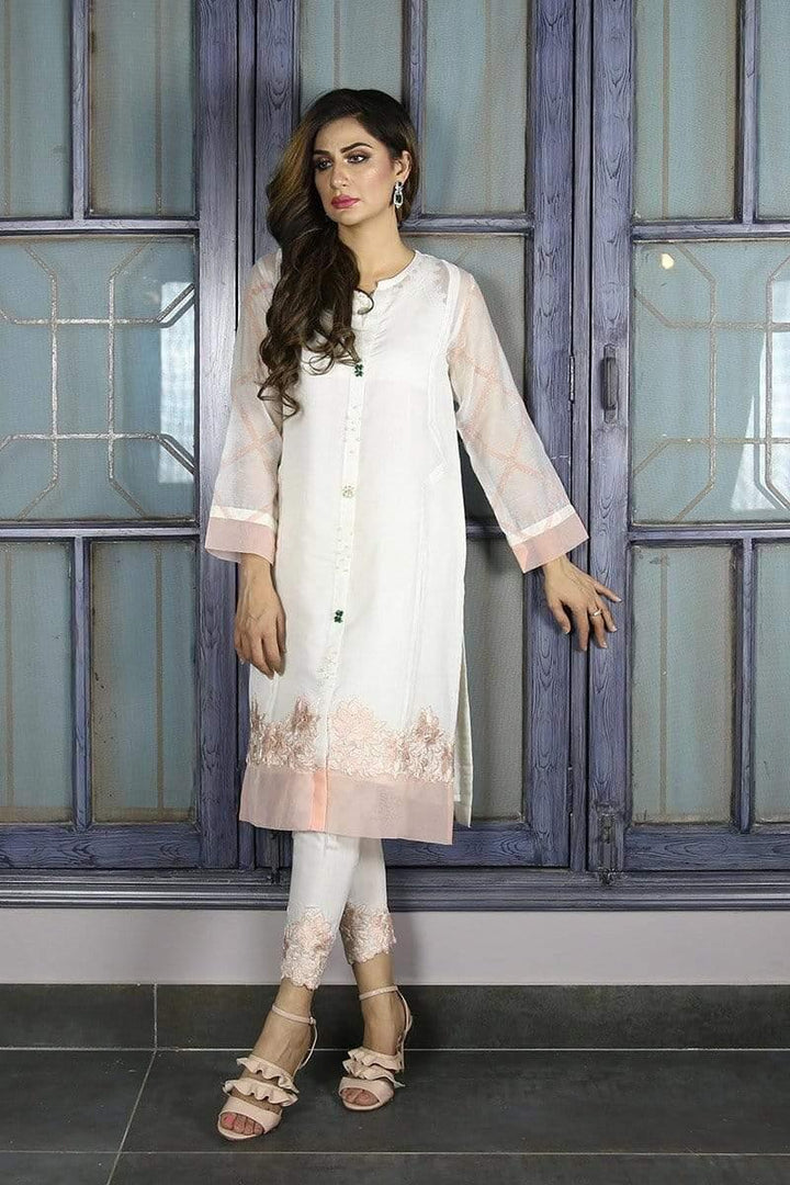 Urooj Fahd - White Block Printed Sleeves Shirt - 2 PC