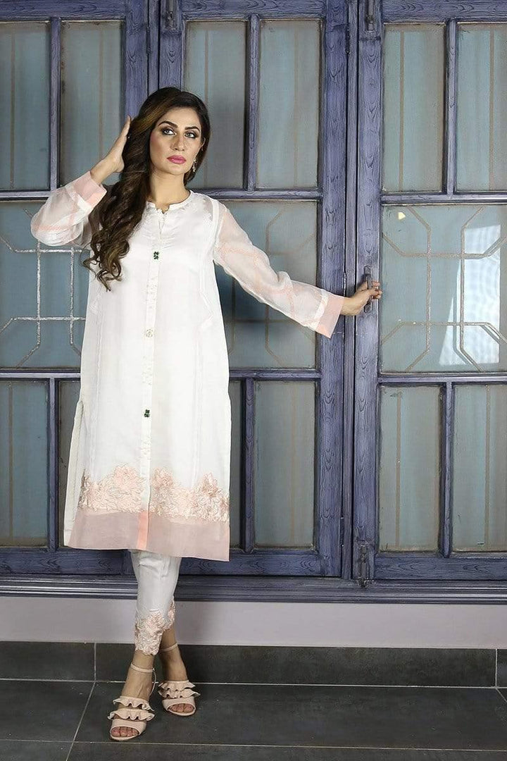 Urooj Fahd - White Block Printed Sleeves Shirt - 2 PC