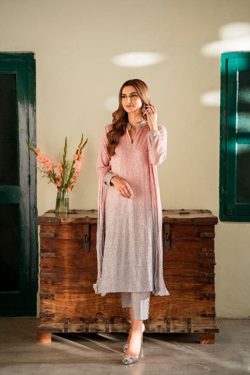 Natasha Kamal - Pink Embroidered Net Shirt and Raw Silk Pants with Ombre Crushed Silk Dupatta - 3 Pieces - Studio by TCS