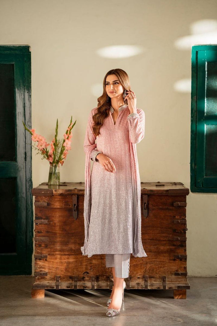 Natasha Kamal - Pink Embroidered Net Shirt and Raw Silk Pants with Ombre Crushed Silk Dupatta - 3 Pieces - Studio by TCS