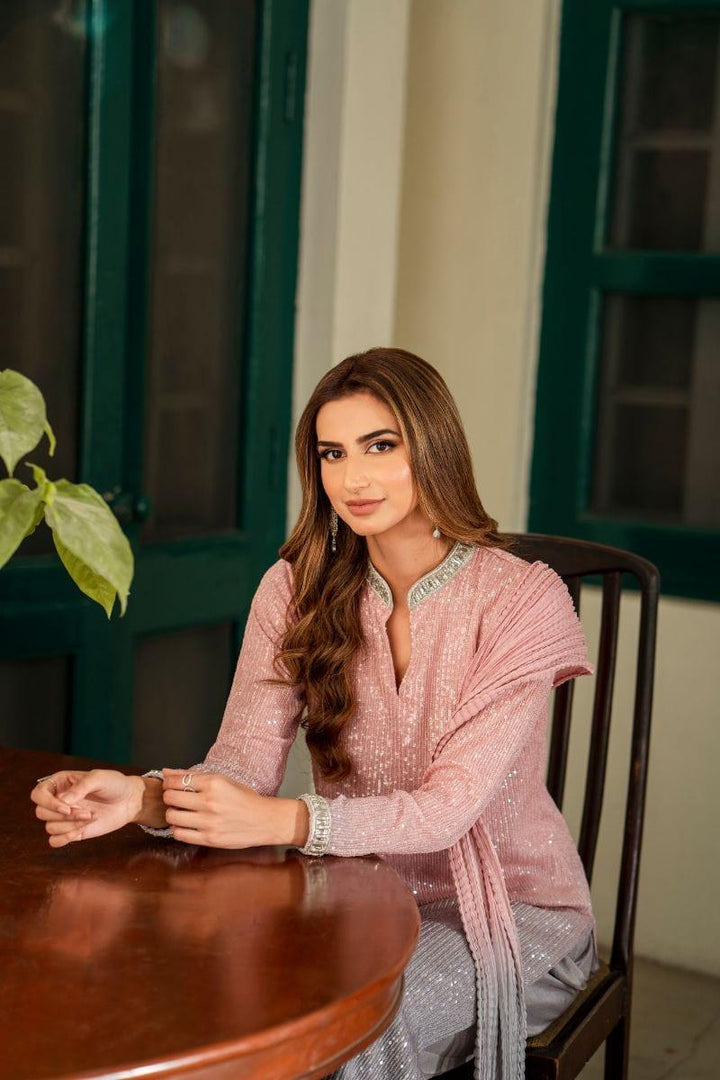 Natasha Kamal - Pink Embroidered Net Shirt and Raw Silk Pants with Ombre Crushed Silk Dupatta - 3 Pieces - Studio by TCS