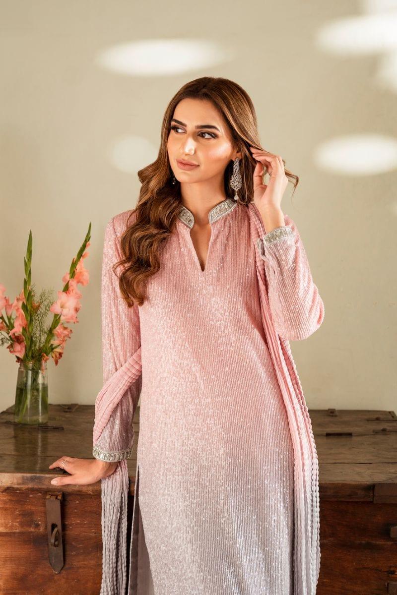 Natasha Kamal - Pink Embroidered Net Shirt and Raw Silk Pants with Ombre Crushed Silk Dupatta - 3 Pieces - Studio by TCS