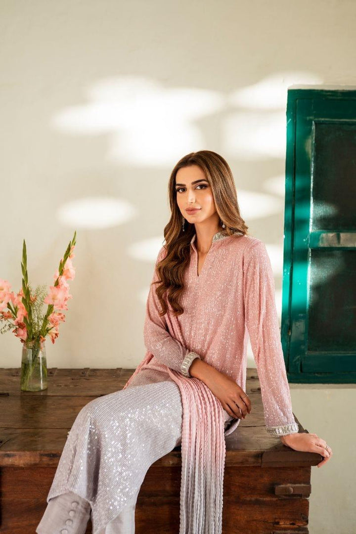 Natasha Kamal - Pink Embroidered Net Shirt and Raw Silk Pants with Ombre Crushed Silk Dupatta - 3 Pieces - Studio by TCS