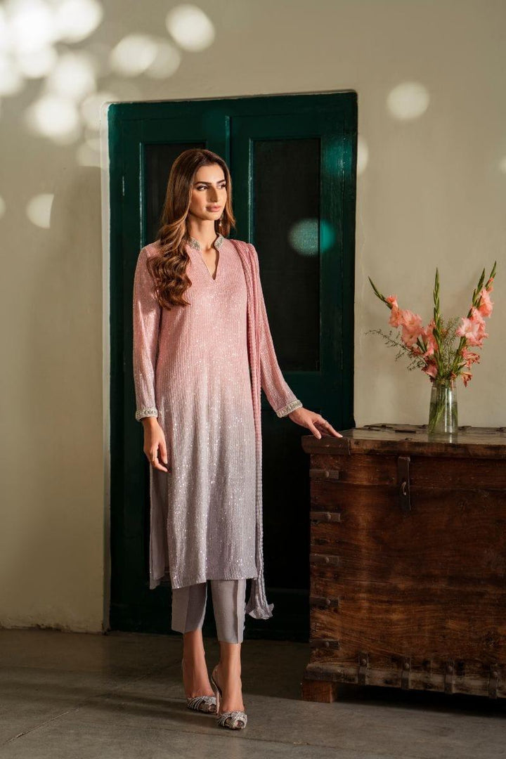 Natasha Kamal - Pink Embroidered Net Shirt and Raw Silk Pants with Ombre Crushed Silk Dupatta - 3 Pieces - Studio by TCS