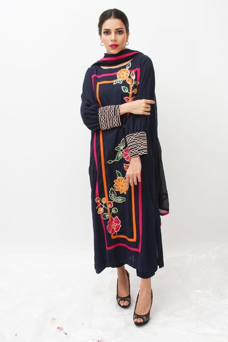 Urooj Fahd - Navy Orchids - 3 Piece - ES 007 - Studio by TCS