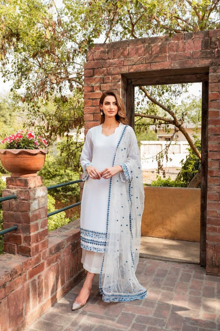 Natasha Kamal - White Cotton Net Shirt and Viscose Silk Pants and Net Dupatta - 3 Piece - Studio by TCS