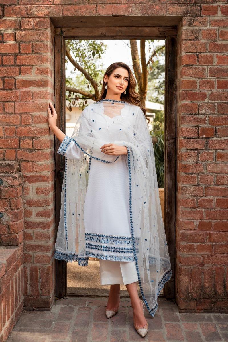 Natasha Kamal - White Cotton Net Shirt and Viscose Silk Pants and Net Dupatta - 3 Piece - Studio by TCS