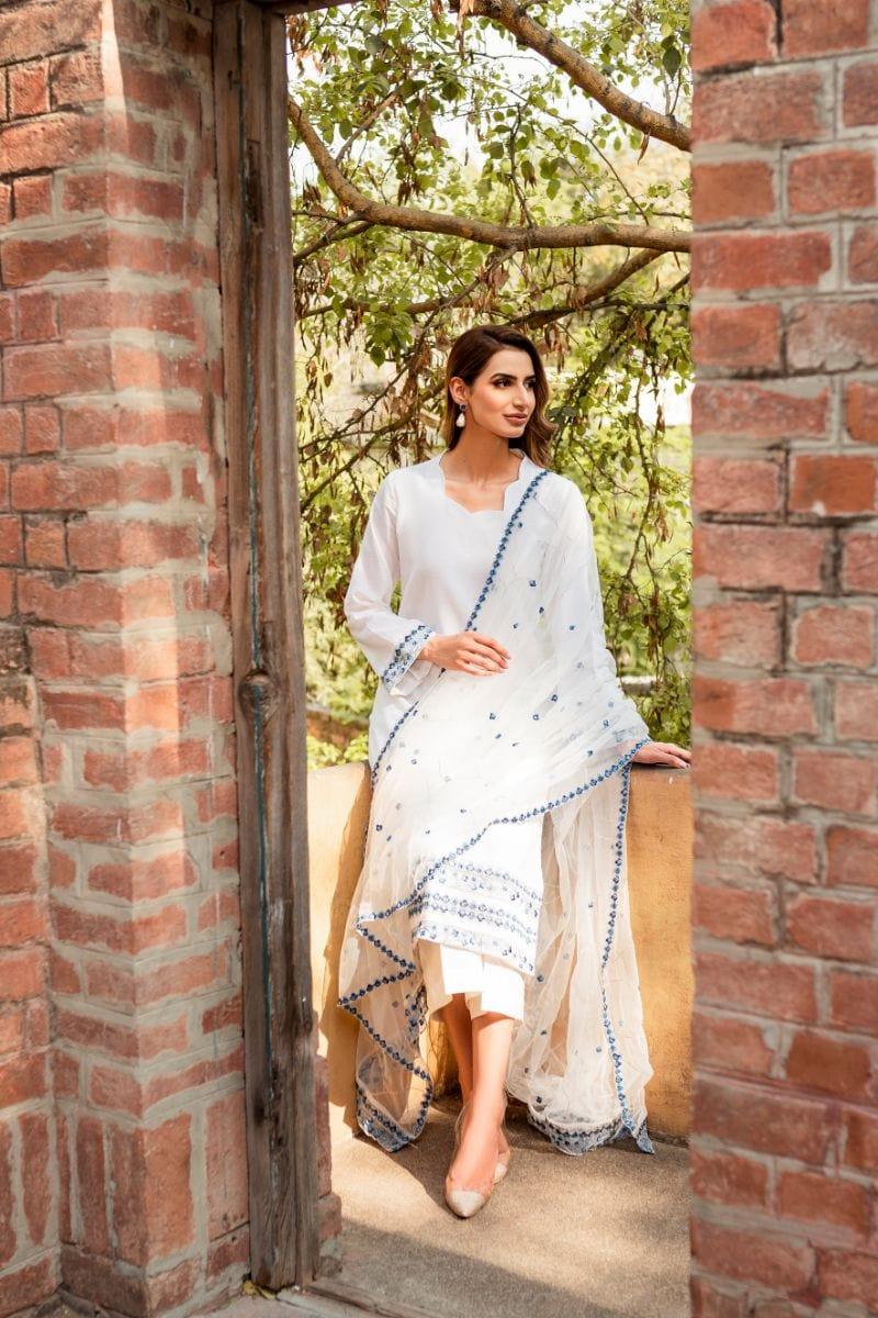 Natasha Kamal - White Cotton Net Shirt and Viscose Silk Pants and Net Dupatta - 3 Piece - Studio by TCS