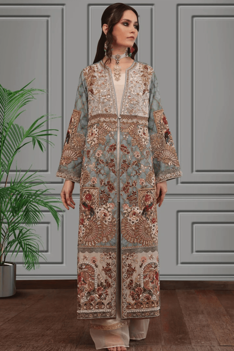 Shamaeel - Silk Embroidered Long Jacket with Off-white Silk Inner and Pants - Studio by TCS